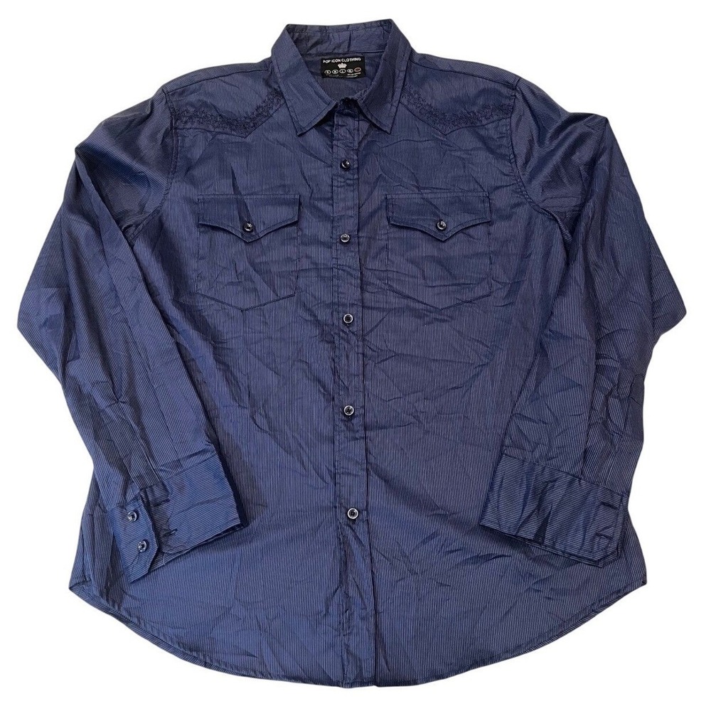 VTG POP ICON CLOTHING Mens 2XL Western Snap Front Long Sleeve Shirt Blue Striped